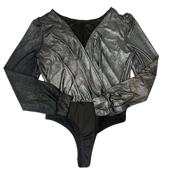 Good Luck Gem  Metallic Wrap Bodysuit with Unique Sleeve Detail – Size Medium - Picture 4 of 12